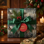 Rustic cabin Christmas gift wrap with green ribbon and "Merry Christmas" tag.