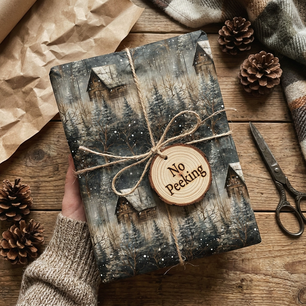Rustic Christmas gift wrap with cabin in snowy woods design. Tied with twine and wood "No Peeking" tag.
