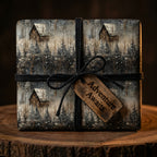 Rustic cabin Christmas wrapping paper with a black twine bow and "Adventure Awaits" tag.