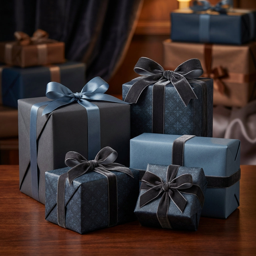 Elegant navy and blue gift boxes wrapped in patterned luxury gift wrap with velvet and satin ribbons.