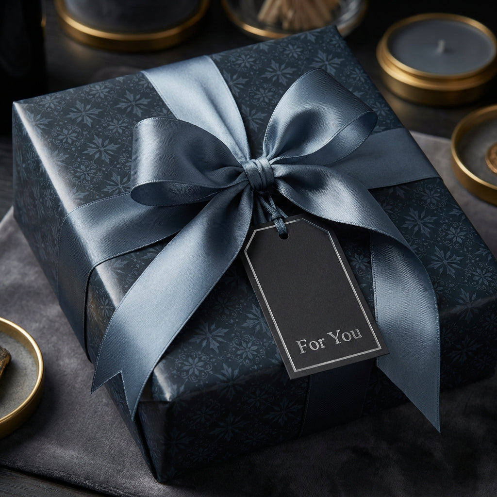 Elegant gift box wrapped in dark blue floral wrapping paper with a matching satin ribbon and a "For You" gift tag.