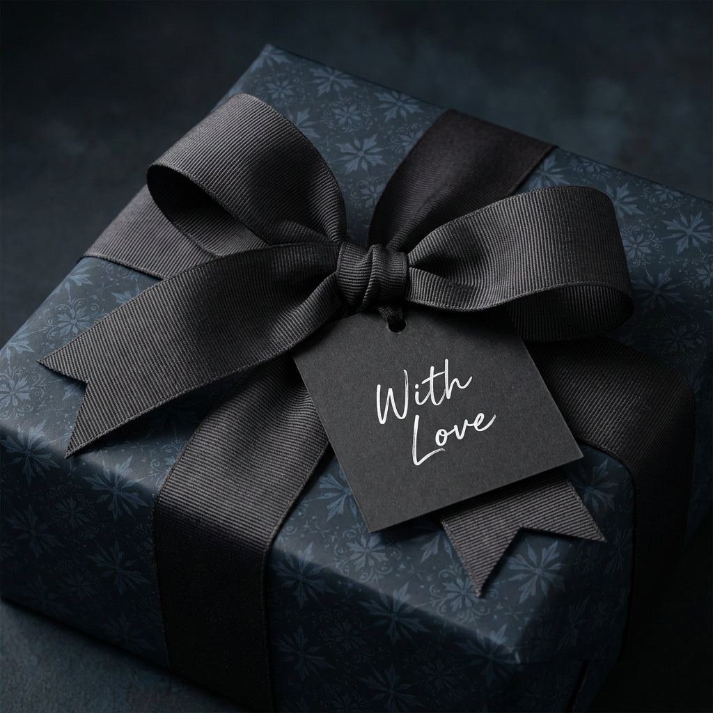 Elegant gift with floral wrapping paper, dark ribbon, and "With Love" tag.