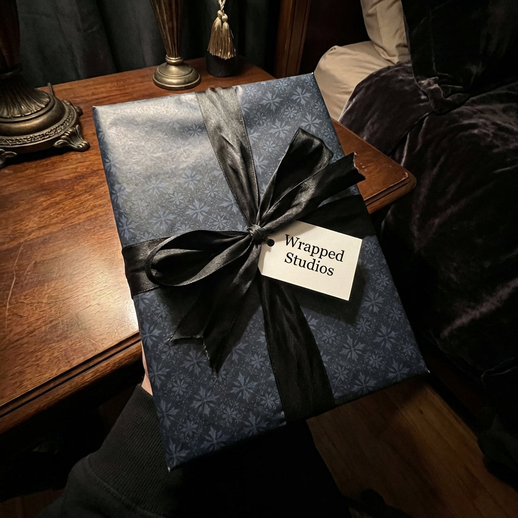 Elegant gift wrapped in navy floral wrapping paper with a silky black ribbon and bow.