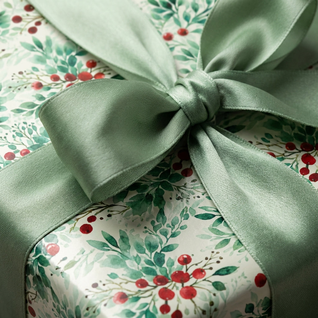 Gift wrapped in floral Christmas wrapping paper with green satin ribbon and bow.
