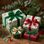 Holiday gifts wrapped in festive floral wrapping paper with velvet ribbon accents.