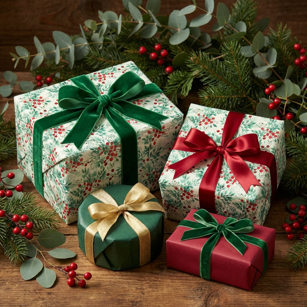 Holiday gifts wrapped in festive floral wrapping paper with velvet ribbon accents.