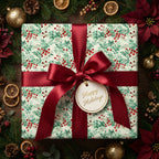 Elegant Christmas gift wrap with a red ribbon and "Happy Holidays" tag, surrounded by festive decorations.