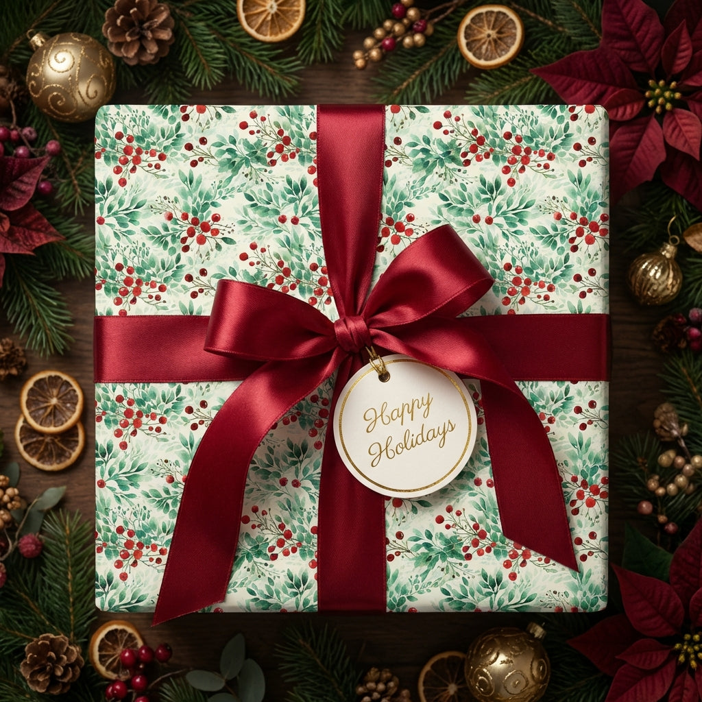 Elegant Christmas gift wrap with a red ribbon and "Happy Holidays" tag, surrounded by festive decorations.