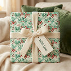 Elegant floral Christmas gift wrap with red berries and cream velvet ribbon.