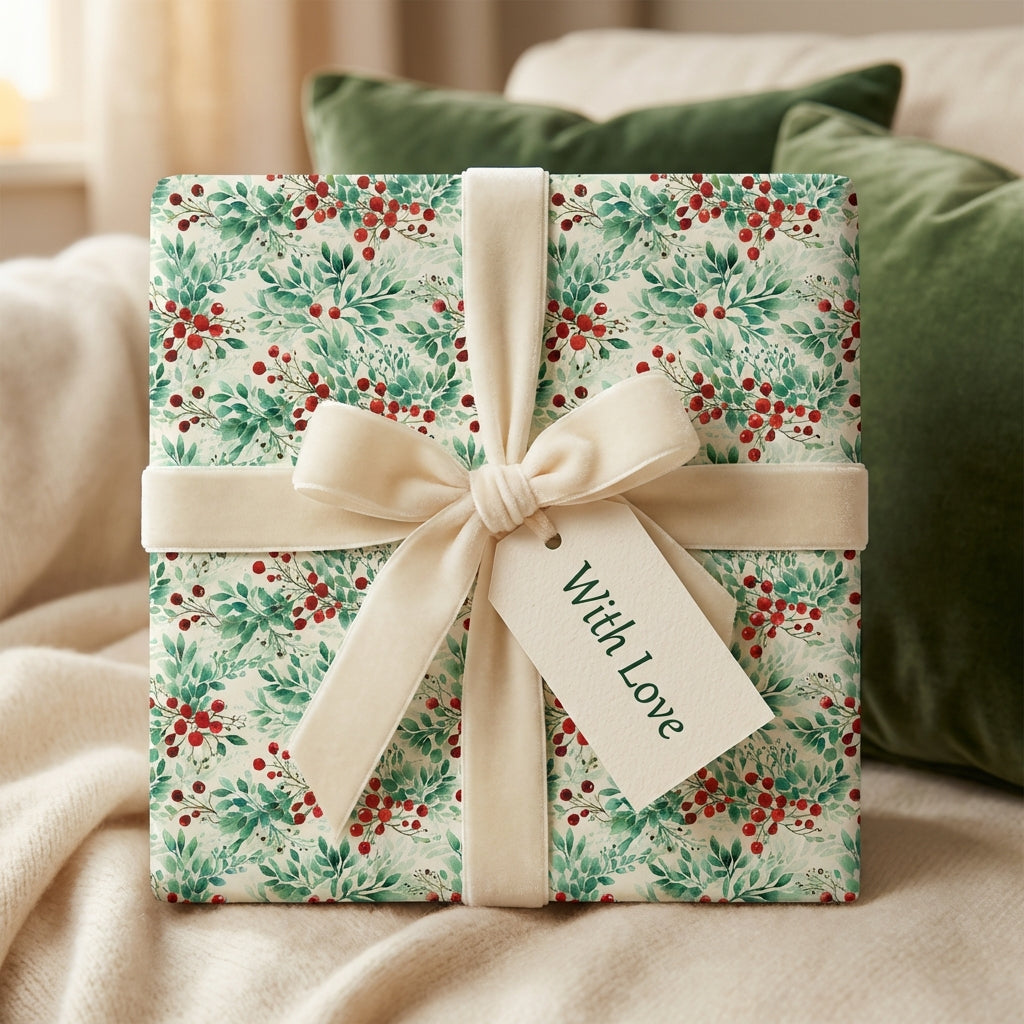 Elegant floral Christmas gift wrap with red berries and cream velvet ribbon.