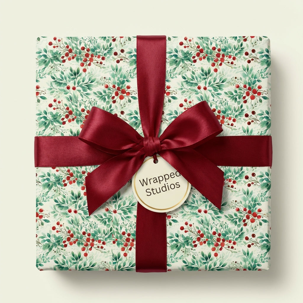 Wrapped Studios festive floral gift wrap featuring red berries and a burgundy ribbon.
