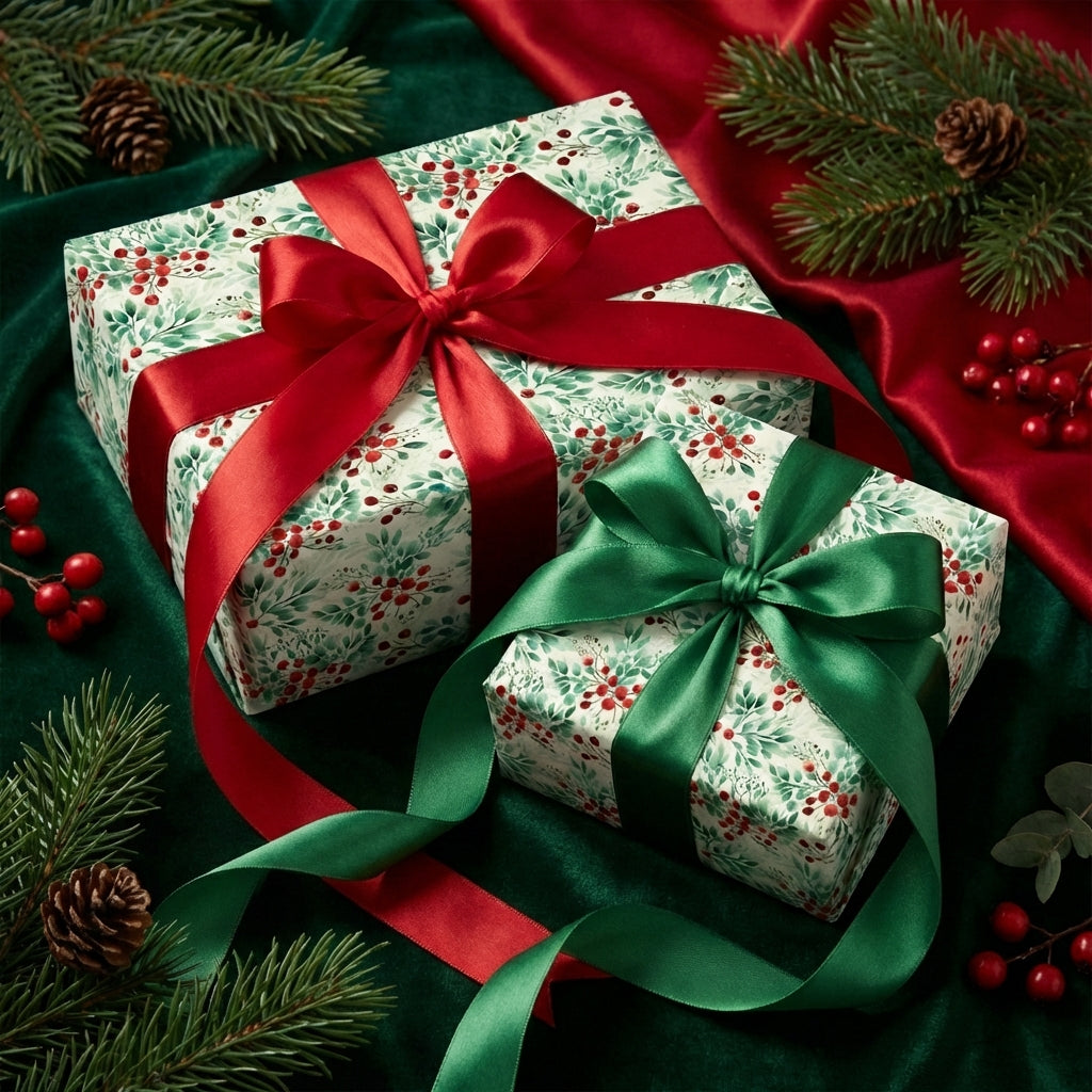 Holiday gift wrap with red and green ribbon. Floral Christmas wrapping paper by Wrapped Studios.