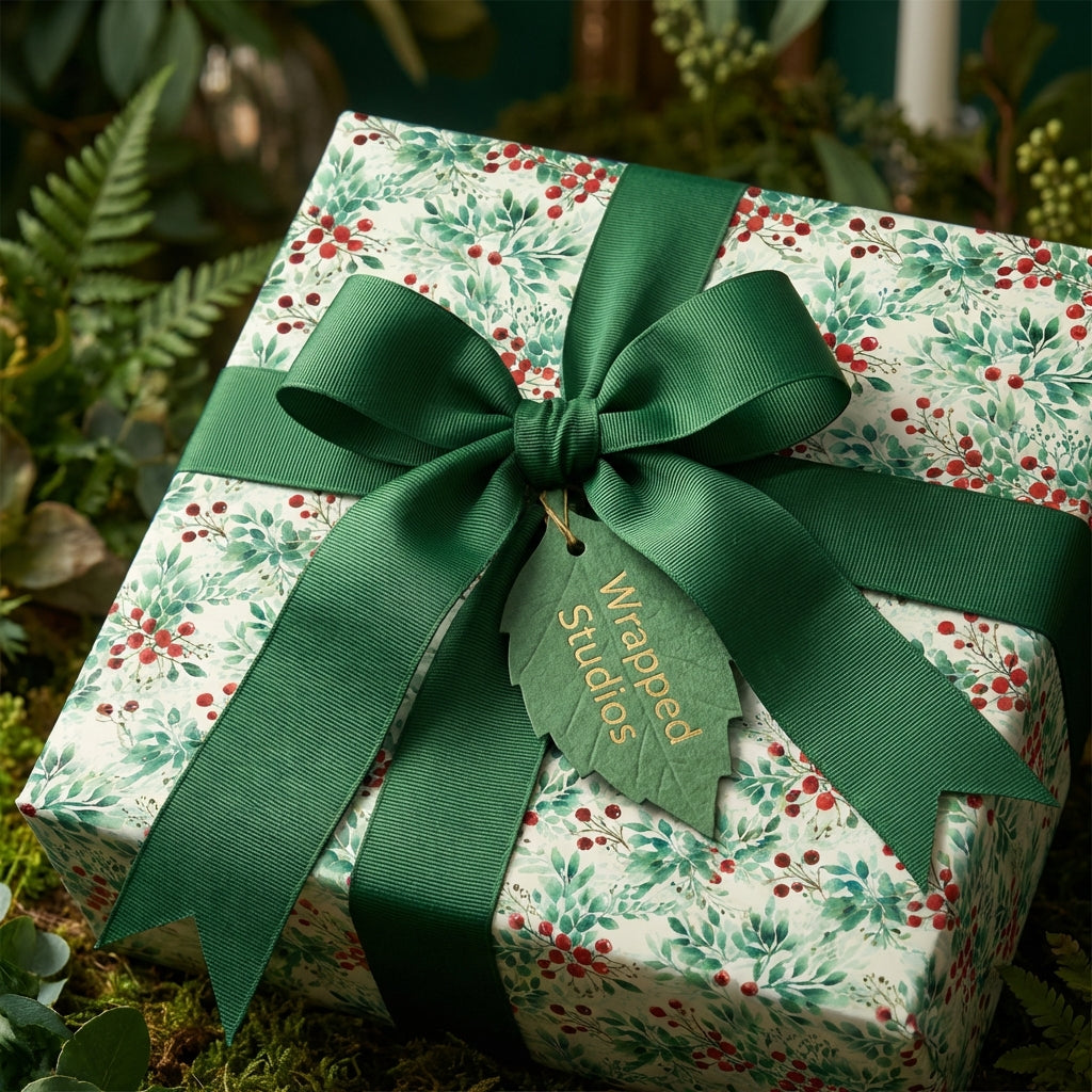 Wrapped Studios Christmas gift wrap: Floral pattern with green ribbon and leaf tag.