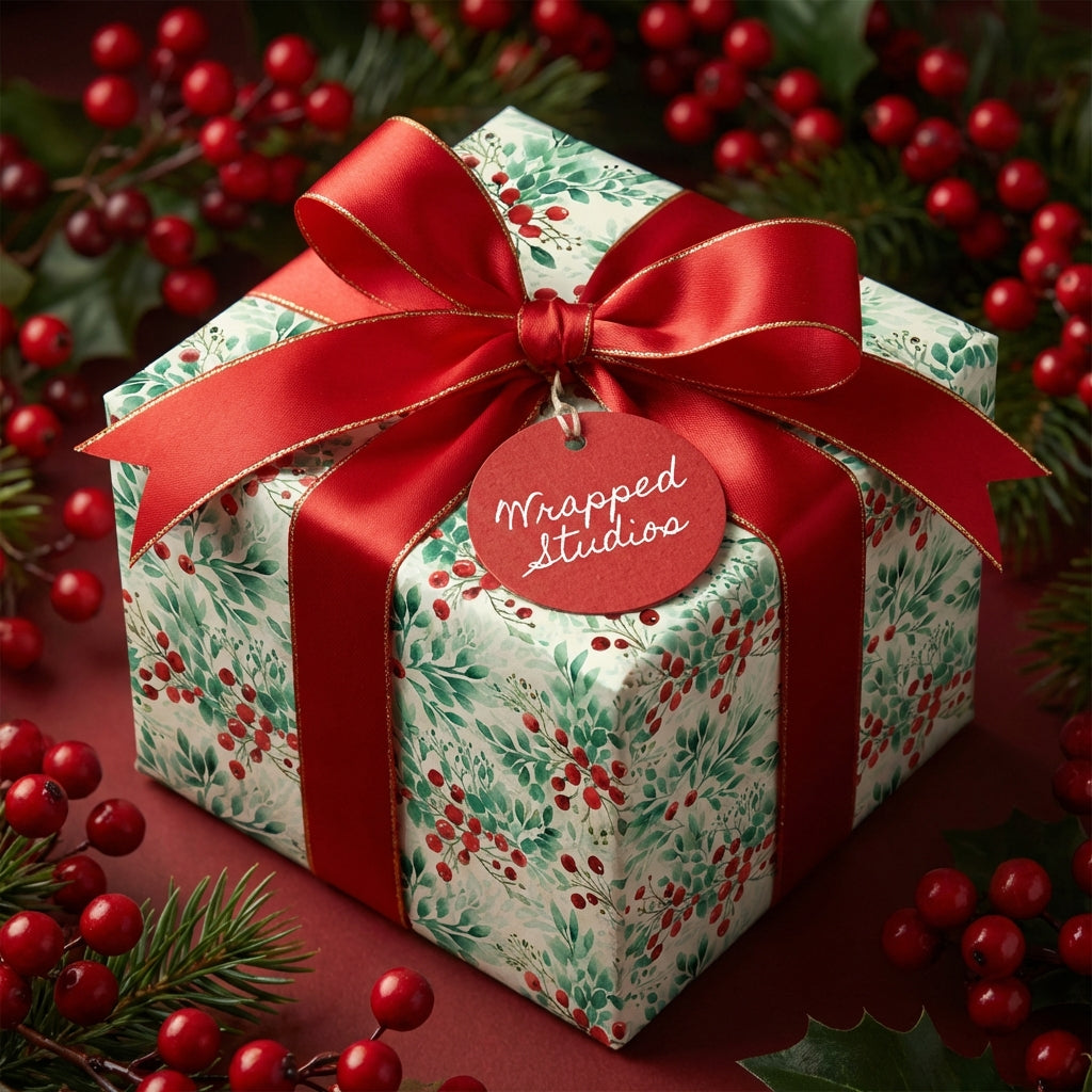 Wrapped Studios Christmas gift wrap: botanical holiday paper with a red bow.