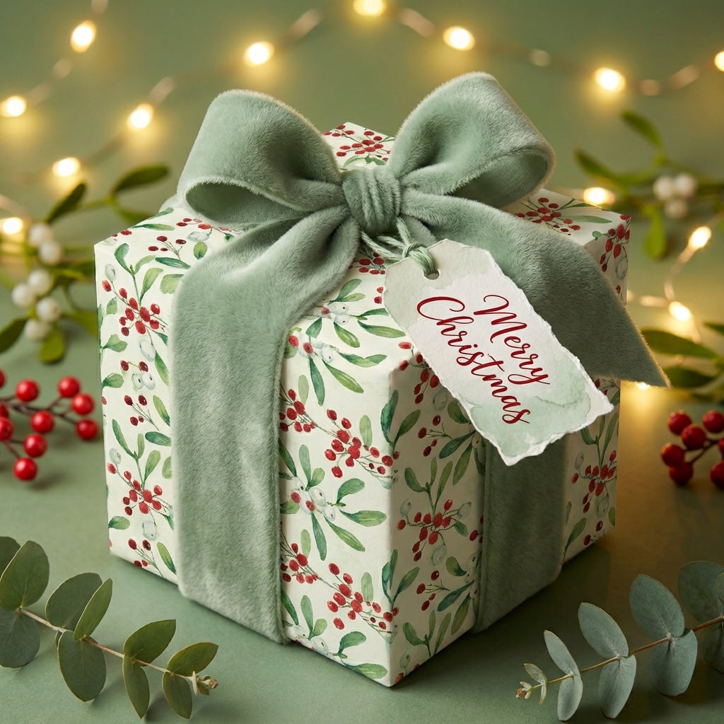 Elegant Christmas gift wrapped in floral paper with a sage velvet ribbon and "Merry Christmas" tag.