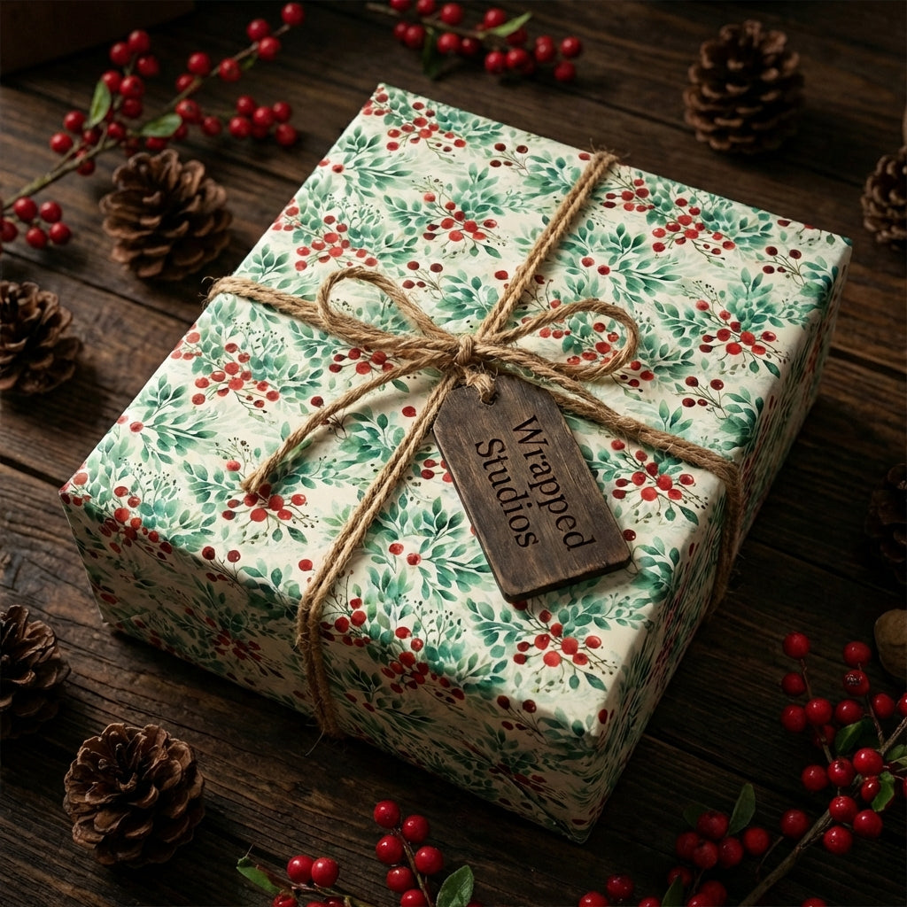 Wrapped Studios: Winter botanical gift wrap with red berries and twine bow.