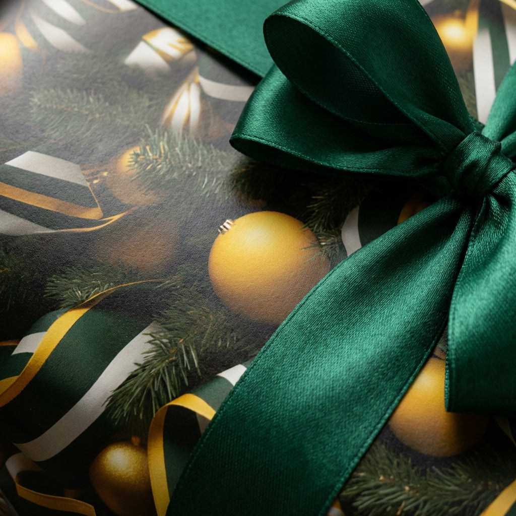 Luxury Christmas gift wrap with evergreen boughs, gold ornaments, and emerald green satin ribbon.