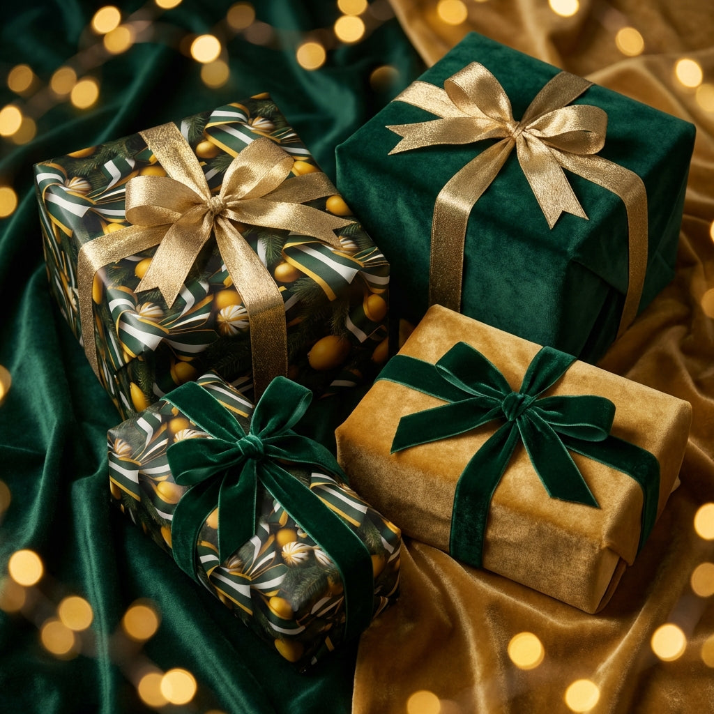 Elegant Christmas gifts with gold ribbons and patterned gift wrap on green and gold velvet, from Wrapped Studios.
