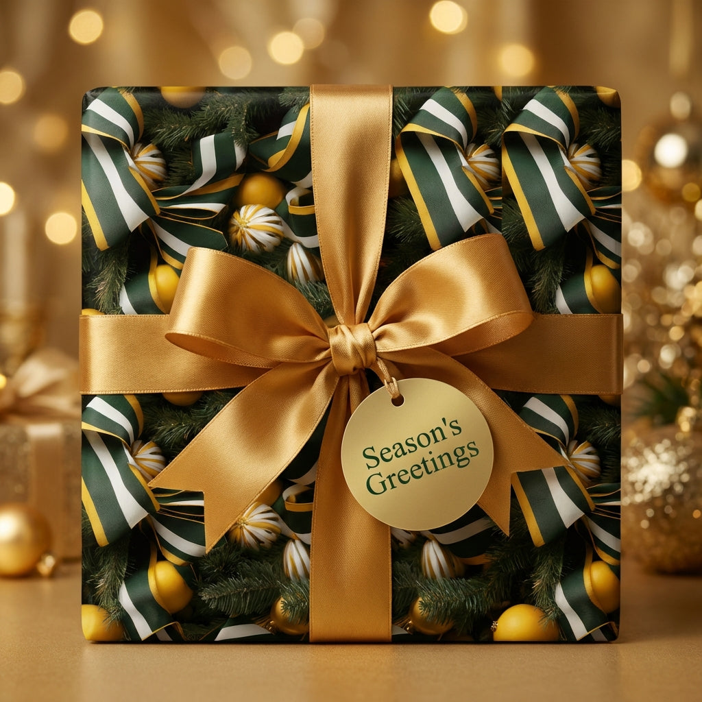 Elegant Christmas gift wrap with green ribbons and gold bow by Wrapped Studios.