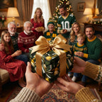 Christmas gift exchange with green and gold holiday wrapping paper, gold satin bow.