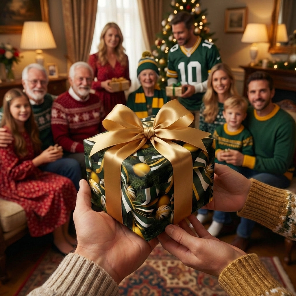 Christmas gift exchange with green and gold holiday wrapping paper, gold satin bow.