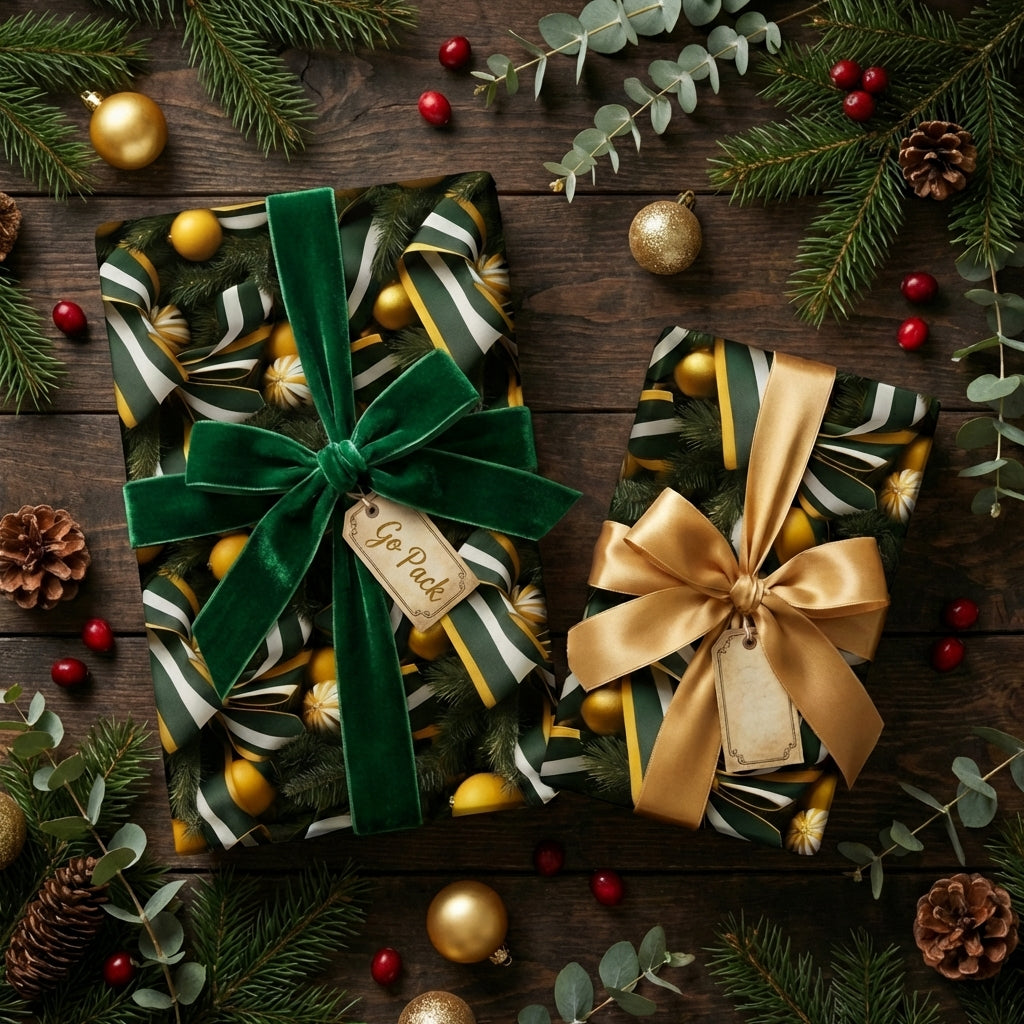 Luxury gift wrap from Wrapped Studios with an elegant Christmas-themed pattern and velvet ribbon.