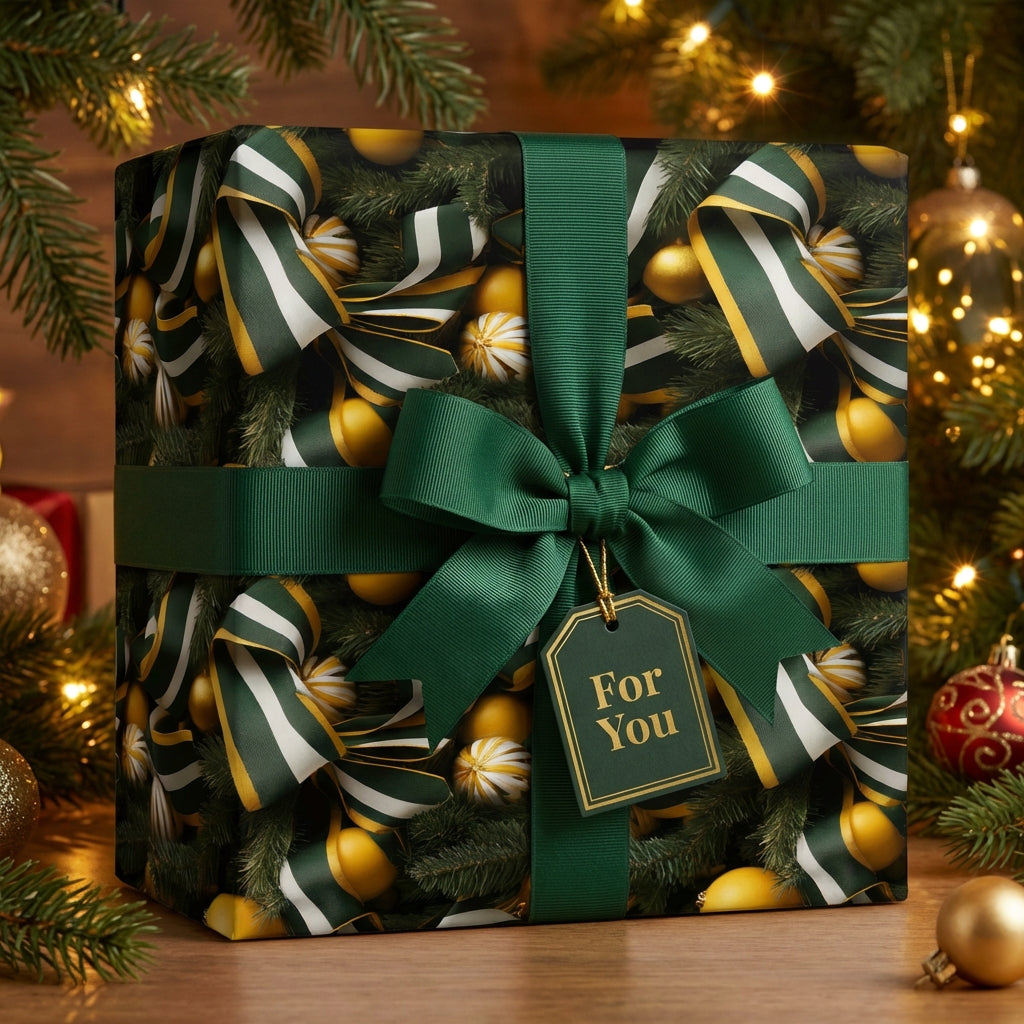 Elegant Christmas gift wrap with emerald ribbon and ornament pattern by Wrapped Studios.