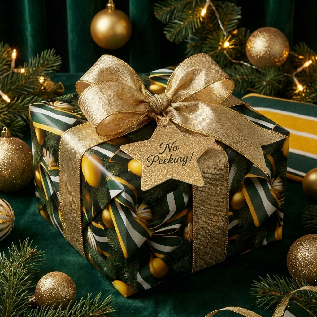 Green Bay Packers Christmas gift wrap with gold ribbon & ornaments. "No Peeking!" tag.