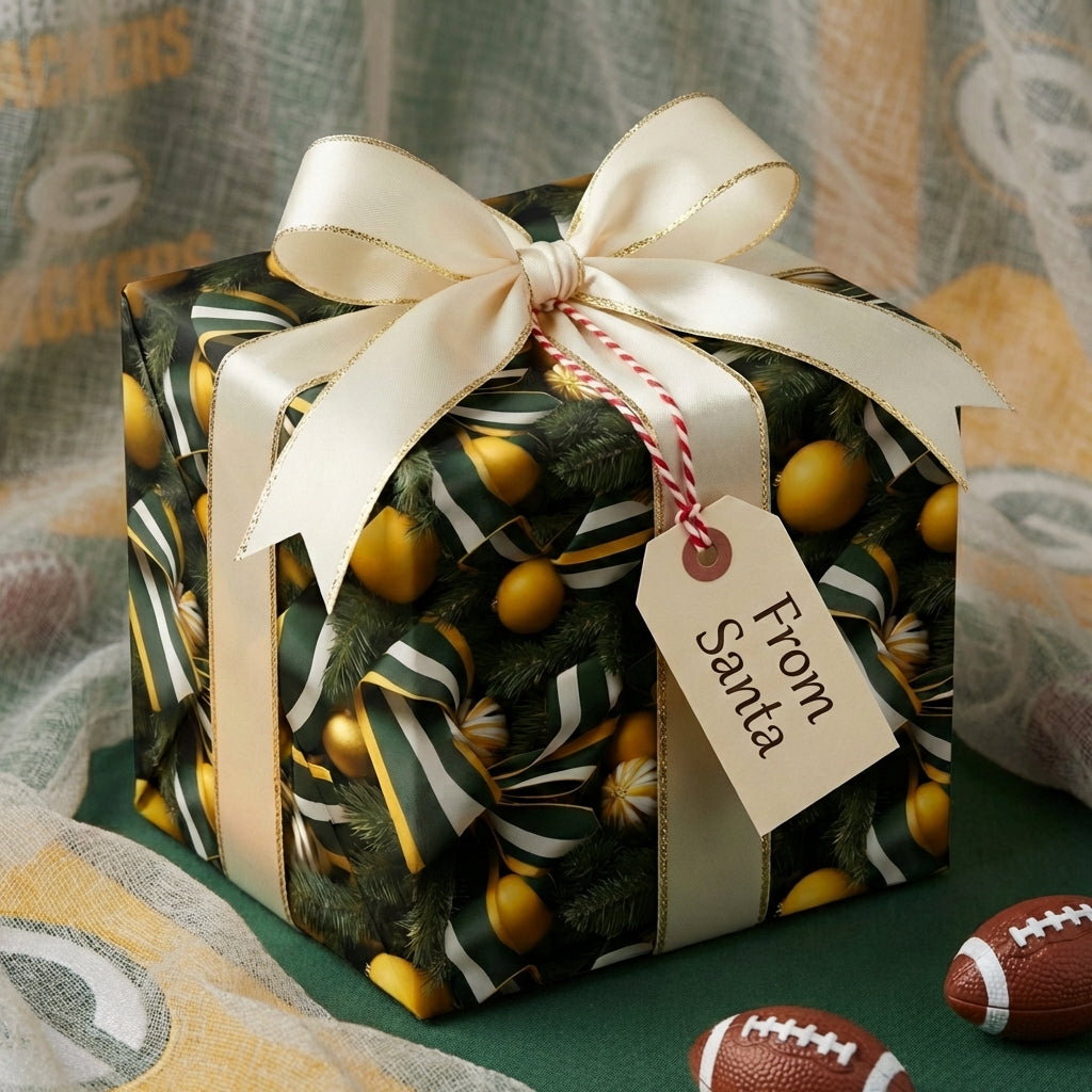 "From Santa" Christmas gift wrapped in Packers themed paper with cream & gold ribbon.