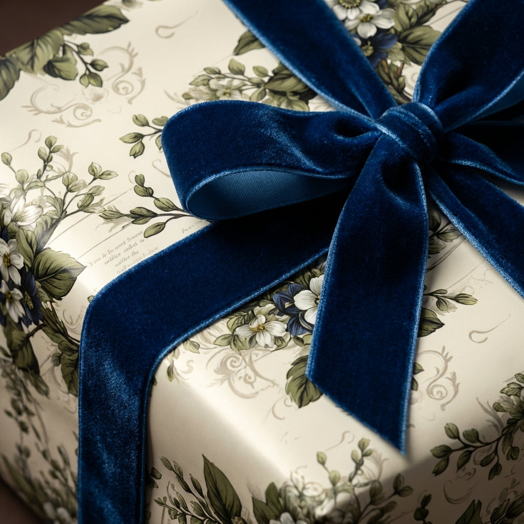 Elegant gift wrapped in floral wrapping paper with a blue velvet bow.