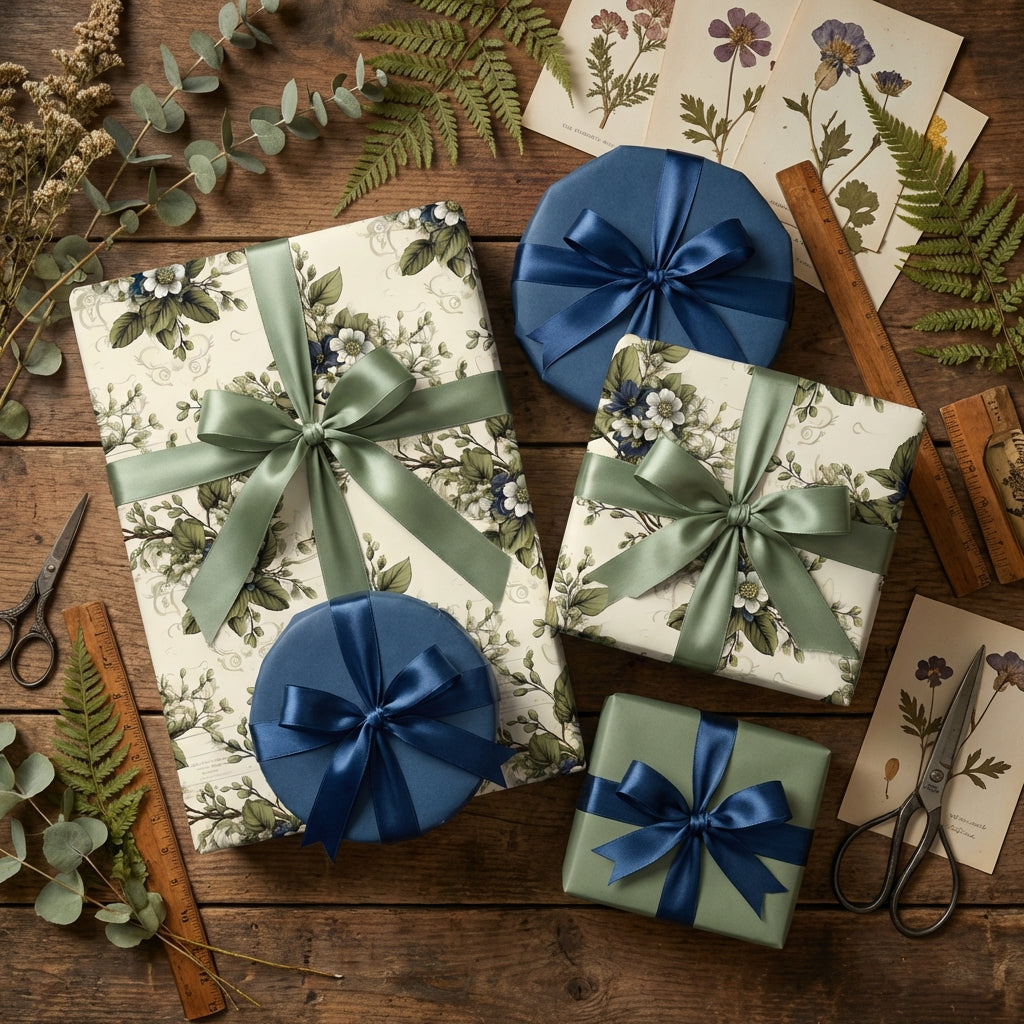 Elegant floral wrapping paper in ivory, sage and blue shades, tied with satin ribbons for luxury gift presentation.