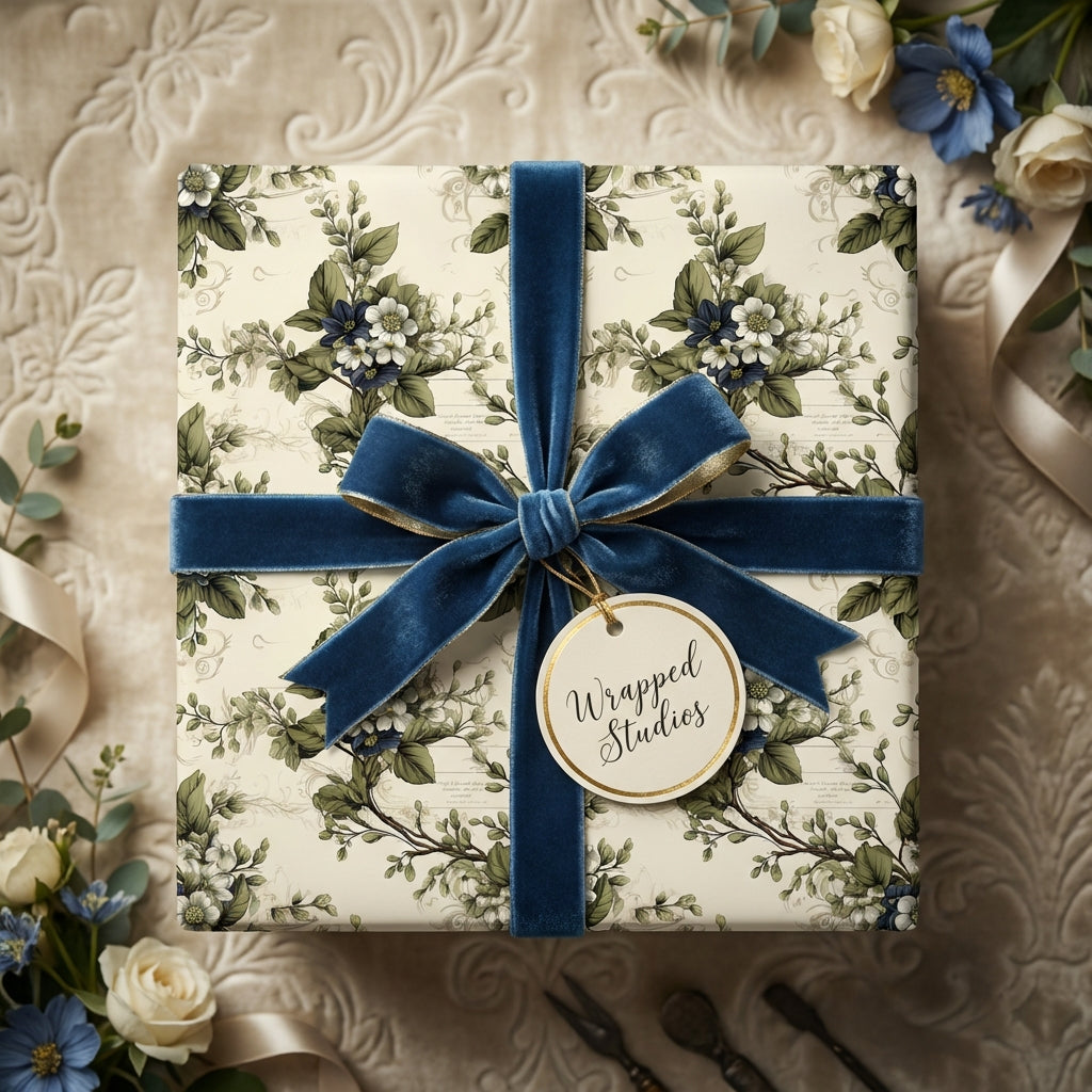 Elegant floral wrapping paper with a blue velvet ribbon and bow on a square gift box.