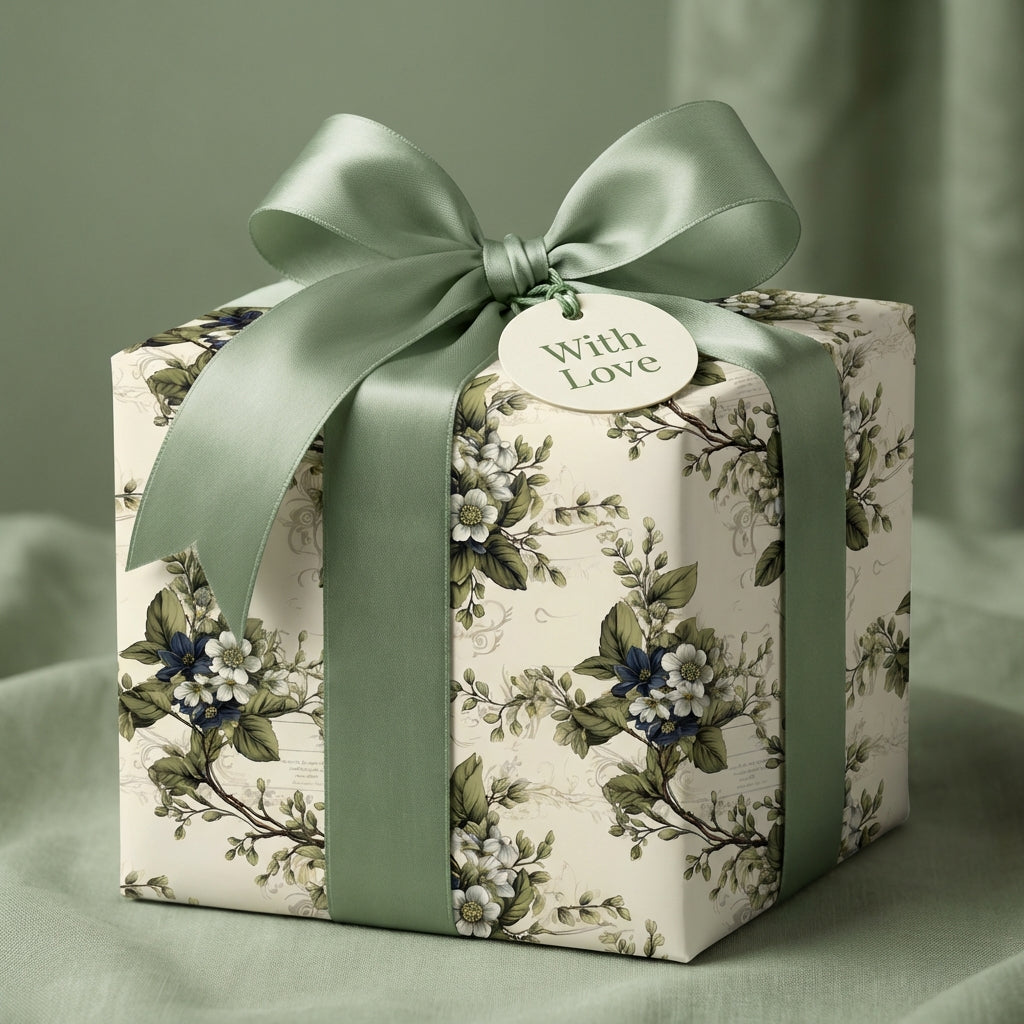 Elegant floral wrapping paper with sage green ribbon and "With Love" tag on a square gift box.