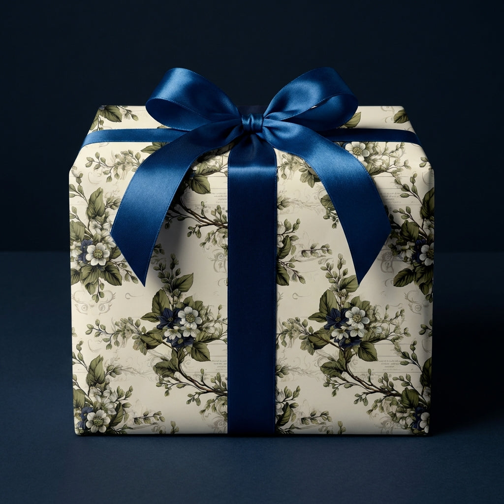 Elegant square gift box with floral wrapping paper and a navy blue satin bow.