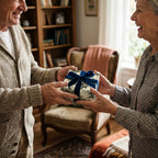 Senior couple exchanging a gift wrapped in elegant floral wrapping paper with a blue velvet ribbon.
