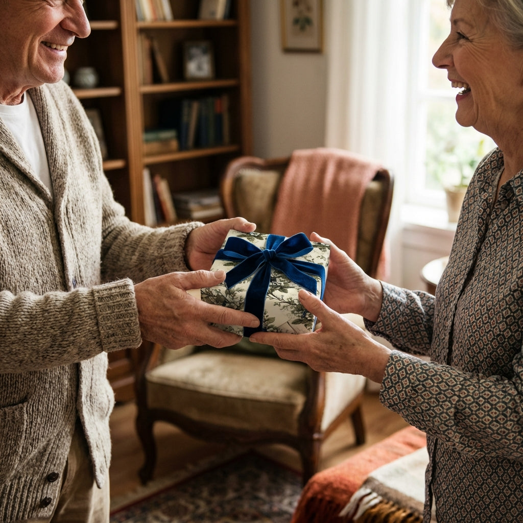 Senior couple exchanging a gift wrapped in elegant floral wrapping paper with a blue velvet ribbon.