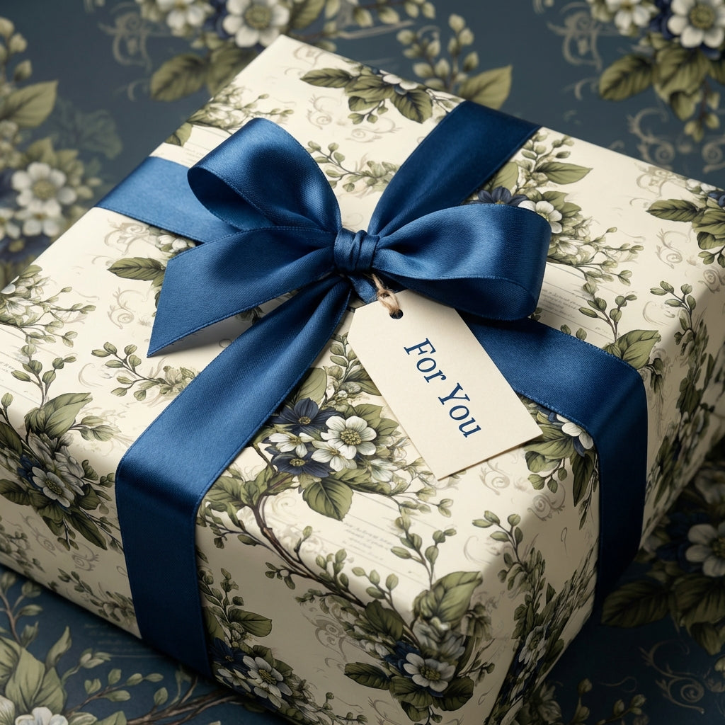 Elegant gift wrapped in floral wrapping paper with a blue satin ribbon and "For You" tag.
