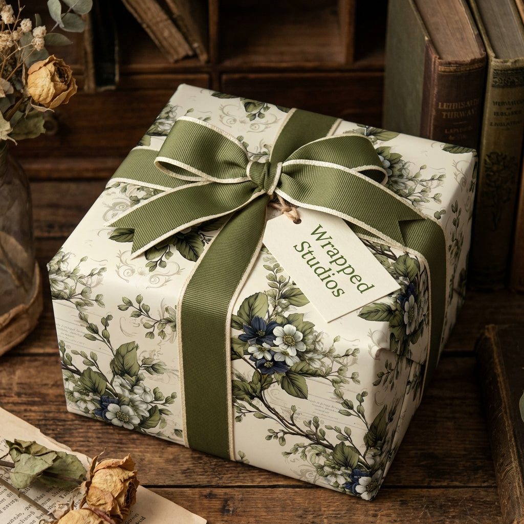 Elegant floral wrapping paper with olive ribbon bow on a square gift box in a rustic setting.