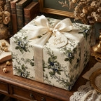Elegant square gift box with floral wrapping paper and satin ribbon, perfect for birthday or special occasion.