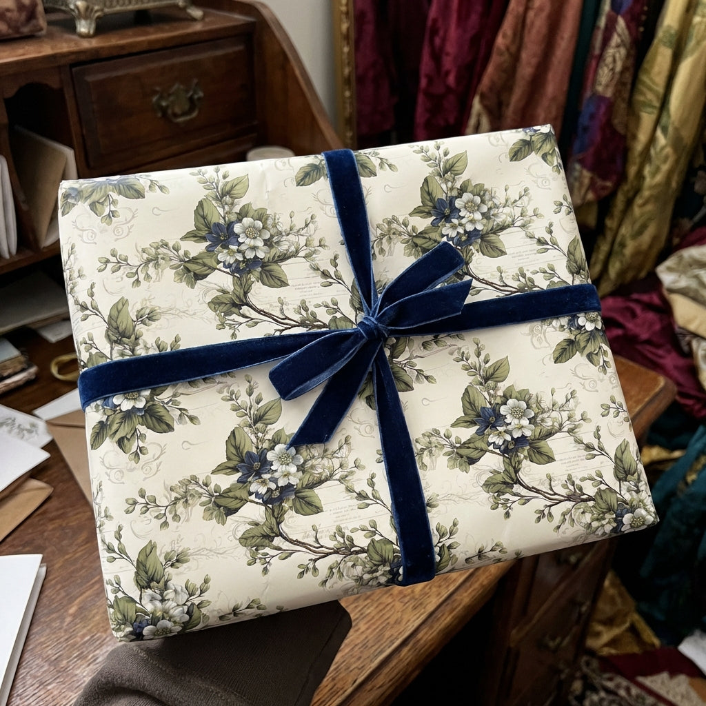Elegant floral wrapping paper with a blue velvet ribbon on a square gift box.