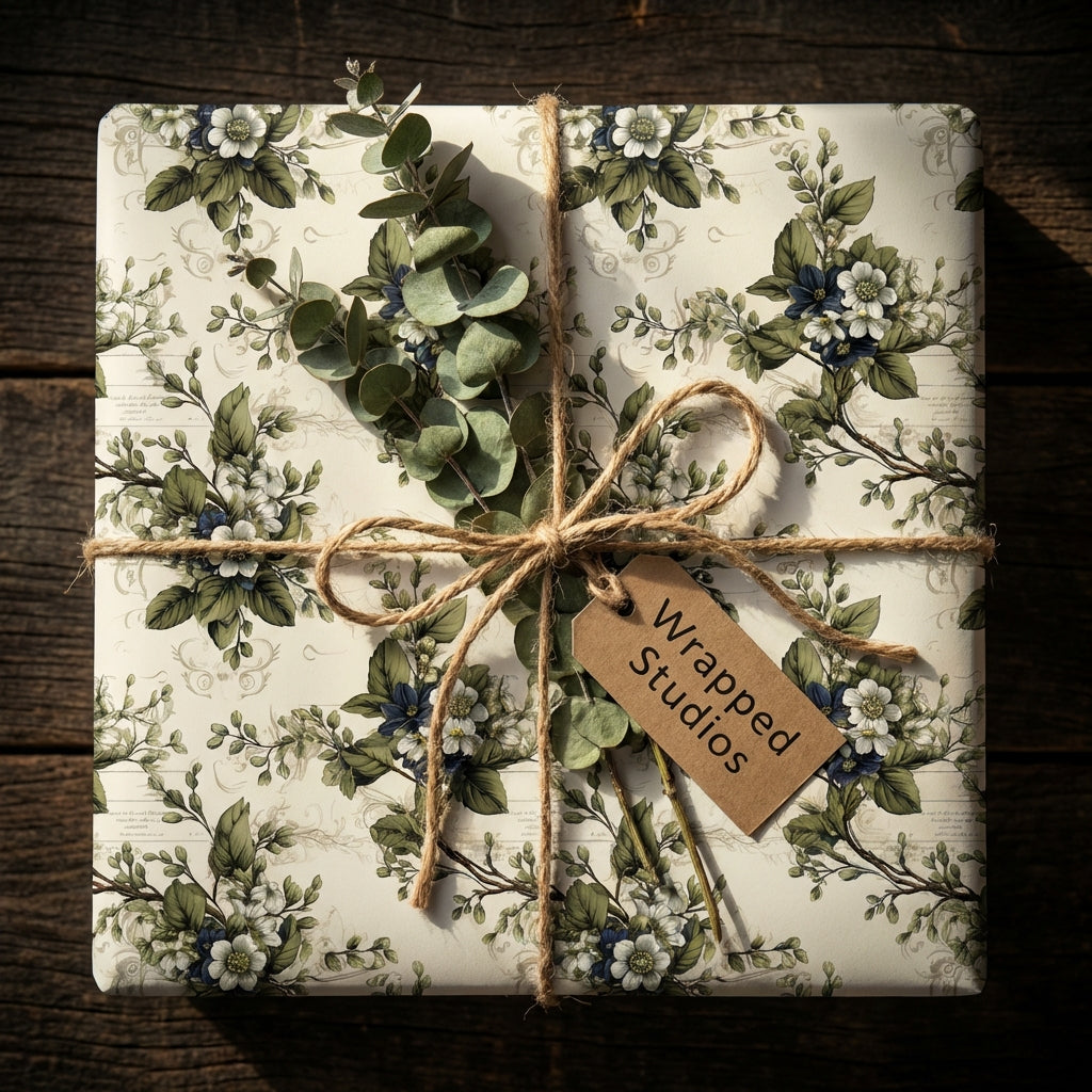 Elegant floral wrapping paper with a rustic twine bow and eucalyptus sprig on a square gift box.