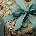 Luxury teal Christmas wrapping paper with a rustic ornament pattern and woven ribbon bow by Wrapped Studios.