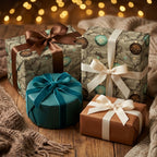 Cozy vintage Christmas wrapping paper with elegant ornament designs and velvet ribbons by Wrapped Studios.