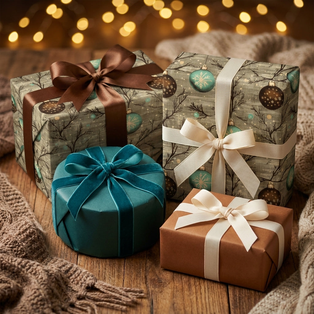 Cozy vintage Christmas wrapping paper with elegant ornament designs and velvet ribbons by Wrapped Studios.