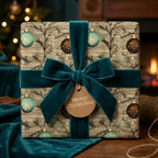 Vintage Christmas wrapping paper by Wrapped Studios on a gift box with a teal velvet bow and Merry Christmas tag.
