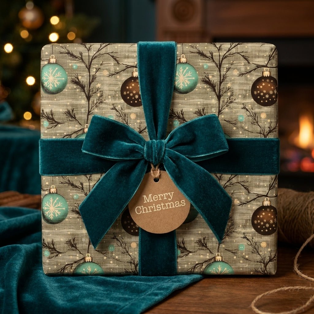 Vintage Christmas wrapping paper by Wrapped Studios on a gift box with a teal velvet bow and Merry Christmas tag.