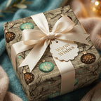 Luxury Christmas wrapping paper with teal ornament pattern and ivory satin bow by Wrapped Studios.