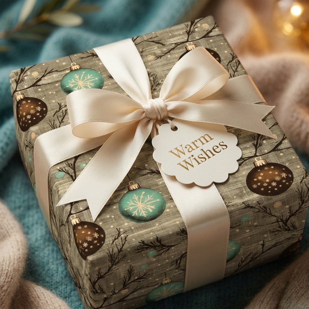 Luxury Christmas wrapping paper with teal ornament pattern and ivory satin bow by Wrapped Studios.