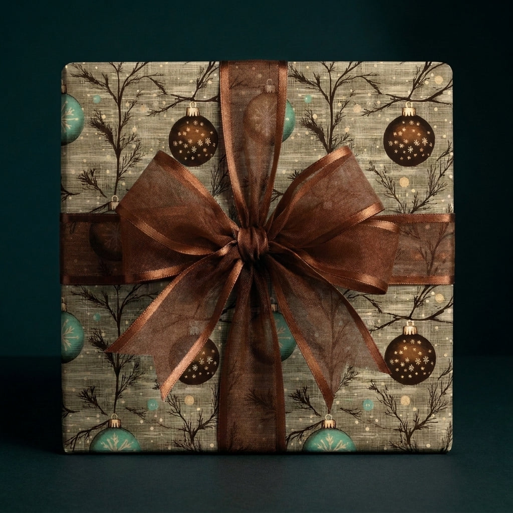 Luxury vintage Christmas wrapping paper with hanging ornaments and a sheer brown ribbon bow, Wrapped Studios.