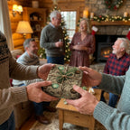 Rustic Christmas wrapping paper by Wrapped Studios on a gift being exchanged in a cozy cabin.